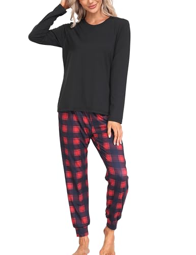 MoFiz Women's Long Sleeve Pajamas Sets with Plaid Pants Comfy Sleepwear Nightwear 2 Piece Pjs with Pockets