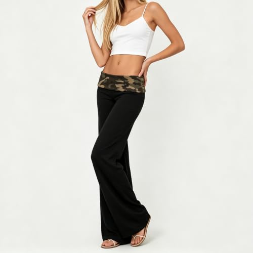 Image of Lounge Yoga Pants for Women Fold Over Low Waist Wide Leg Bell Bottoms | Y2K Foldover Pants, Flare Leggings, Low Rise Yoga Sweatpants