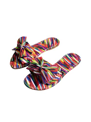 GORGLITTER Women's Summer Bow Colorful Flat Sandals 2025 Rainbow Open Toe Dressy Beach Trendy Slide Sandals Multicolor 9.5