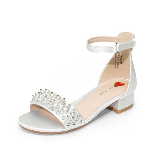 DREAM PAIRS Girls Sandals Low Heel Pump Ankle Strap Pearl Dress Flower Wedding Party Shoes for Little Kid/Big Kid