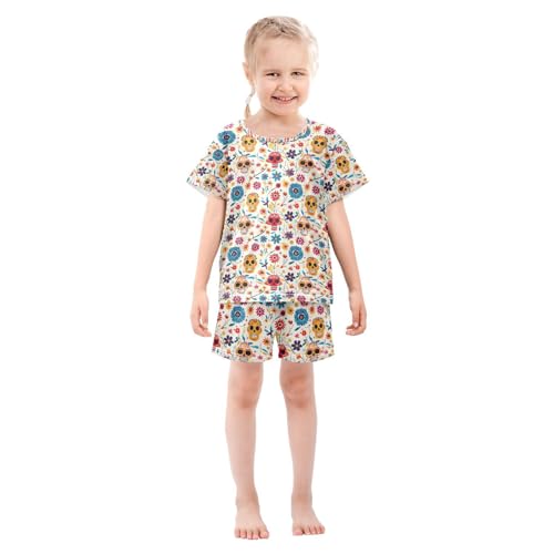 ALAZA Dia De Los Muertos Blossom Sugar Skull Pajamas Set Short Sleeve Cotton Sleepwear Summer Pjs 2 Piece 5-14Y3