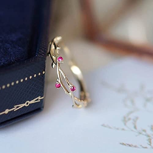 Delicate Gold Plated Crystal Leaves Branch with Rose Red CZ Stones Ring Eternity Bands for Women Minimalist Promise Jewelry3