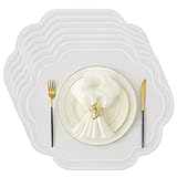 Breling Set of 6 Wedding Placemats Scalloped Embroidered Cotton Linen Placemats 17" x 13" Double Layered Machine Washable Table Place Mat for Party Table Decor(White)