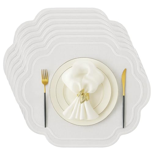 Breling 6 Pcs Embroidered Cotton Placemat 17'' x 13'' Washable Scalloped Placemat 100% Cotton Linen Cute Chic Fabric Cloth Table Mats for Dining Table