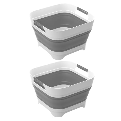 Image of 2.4 Gal(9L) 2PCS Collapsible Dish Basin Bucket with Drain Plug Portable Sink Space Saving Multiuse Bottle Washing Basin Foldable Sink Tub for Kitchen Camping RV Vegetable Washing Dishes