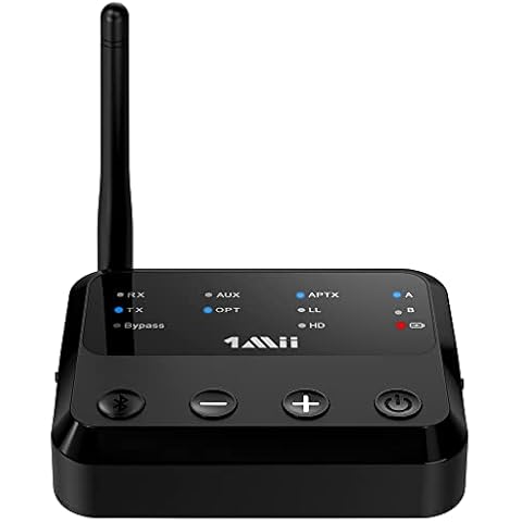 1Mii Long Range Bluetooth 5.0 Transmitter Receiver, Low Latency Bluetooth Audio Transmitter for TV to 2 Headphones(Digital Optical TOSLINK RCA 3.5mm) 20H Playtime Cover