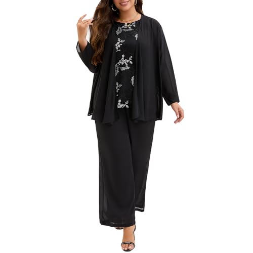 Plus Size Mother of the Bride Pant Suit 3 Piece Lace Set with Sequin Tank Elegant Wedding Guest Formal Outfit Black