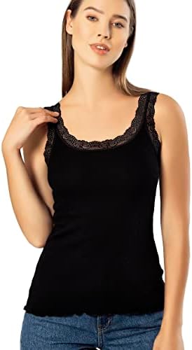 VAVONNE Lace Camisole Tank Tops for Women, Soft Stretch Ribbed Cotton Cami (as1, Alpha, xx_l, Regular, Regular, Black)