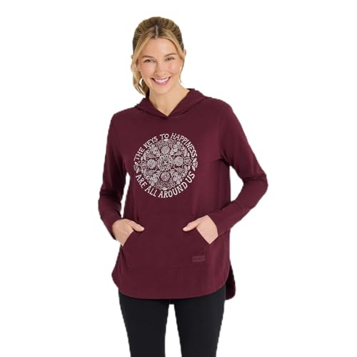 Life is Good Women's Keys to Happiness Flowers Crusher-FLEX Hoodie Tunic, Deep Burgundy