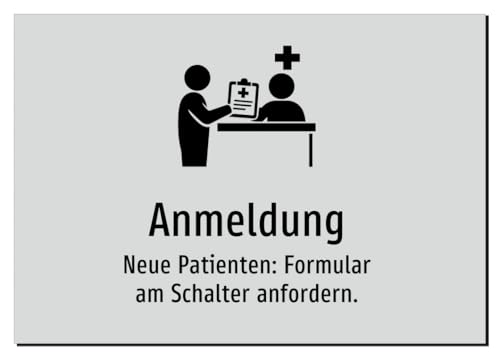 Anmeldung - Neue Patienten: Formular am Schalter anfordern. – Aufkleber A4: 297x210mm – Mit Grafik und Text