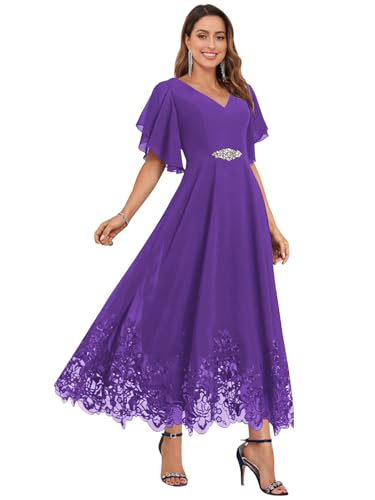 Amazon.com: ZVGV Bohemian Tea Length Applique Mother of the Bride Dress Purple for Wedding V-Neck Lace Sequin Chiffon Formal Dress with Sleeve Size 14 : Clothing, Shoes & Jewelry
