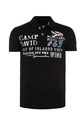 Camp David Herren Piquee-Polo mit Prints und Stickereien, Black, XXL