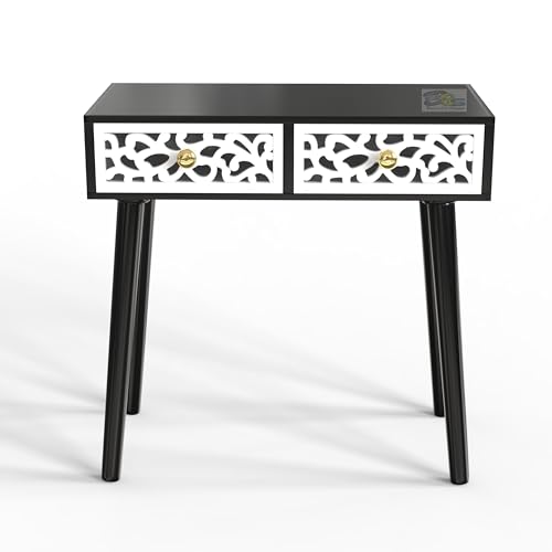 Image of Bed Side Table with 2-Drawer Nightstand, Carved Drawer Design Accent or End Table with Storage with Carving Design (Black & White) Engineered Wood