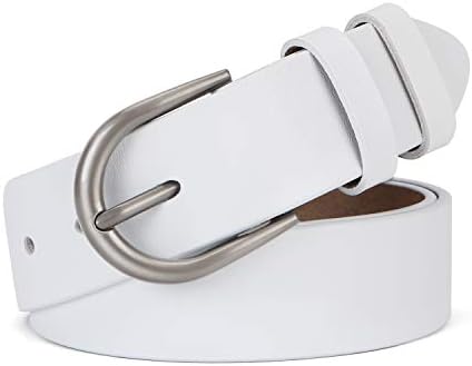 Women Leather Belt for Pants Dress Jeans White Waist Belt with Brushed Alloy Buckle (Suit Pants Size 28-34 Inches, White)