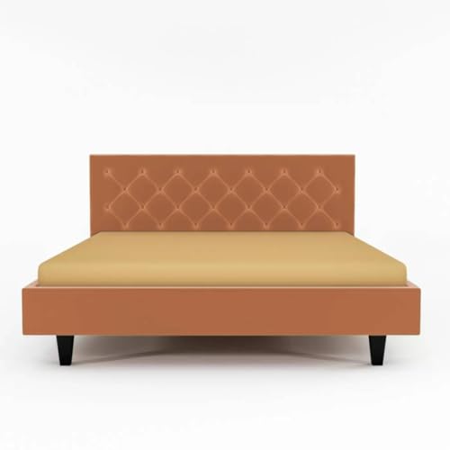 Image of Wooden Modern Upholstered King Size Bed for Bedroom | Wooden Double Bed Without Storage | Platform Cot Upholstered Bed with Upholstery Fabric | Engineered Wood | 6.5 x 6 Ft | Orange