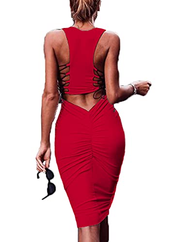 Fuedage Women's Solid Sleeveless Cut Out Ruched Lace Up Midi Dress Red Medium