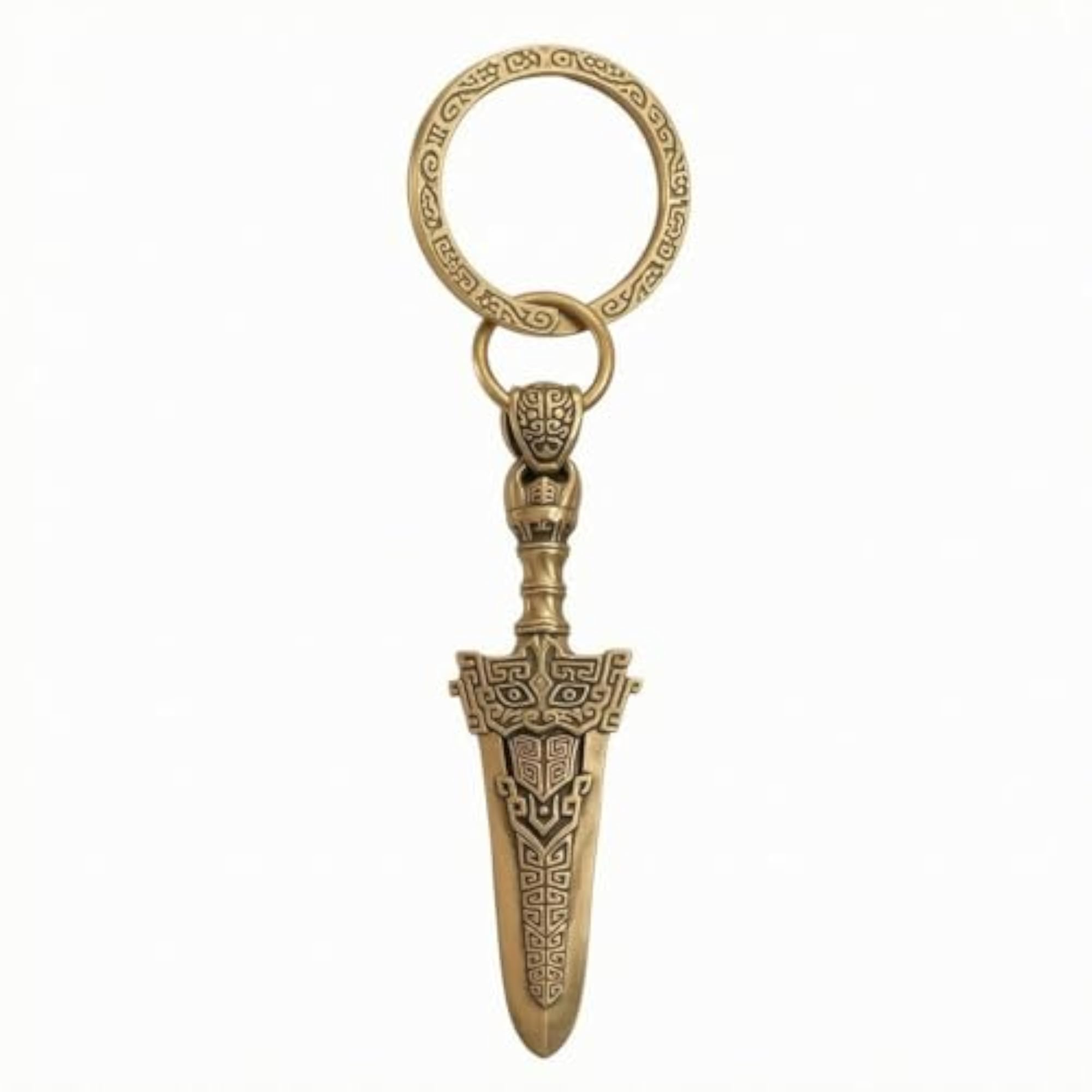 Geometric Engraving Gold Sword Charm with Copper-Ring
