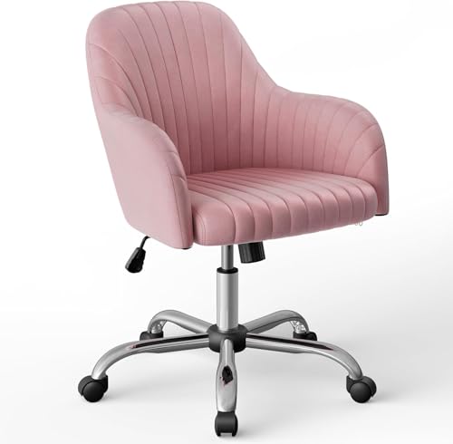 Image of AZAKEE Velvet Office Chair with Wheels & Armrests - Mid-Back Swivel Desk Chair for Home Office, Study, Bedroom & Vanity - Adjustable Height, Comfortable & Stylish (Pink)