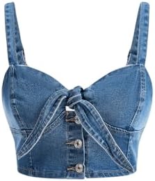 BEAUDRM Women's Backless Denim Cami Crop Top Sweetheart Neck Button Tie Front Jean Camisole Blue Medium