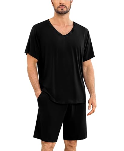 SWOMOG Mens Pajama Sets 2PCS Short Sleeve Pjs Sets V Neck Sleepwear Soft Loungewear Classic Nightshirt Sets with Pockets Nightwear Carbon Black