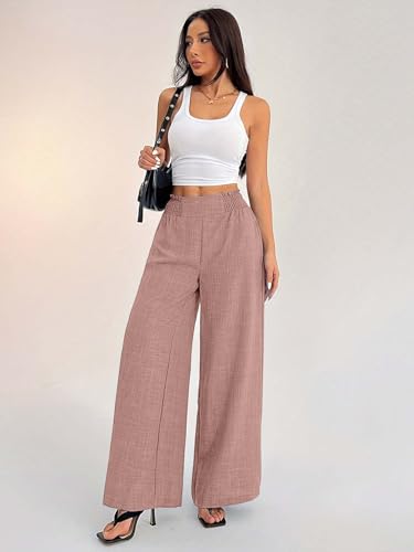 Image of Sugathari Women's Casual Wide Leg Pants - High Waist Elastic Waistband Loose Fit Long Trousers | Lightweight Straight Leg Summer PantsTrouser 254