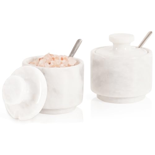 MARBLOUS KRAFTS Marmeren zoutkelder met deksel en lepel 7 cm witte suikerkom, kruidencontainers keukenopslag - suikercontainer keuken aanrecht