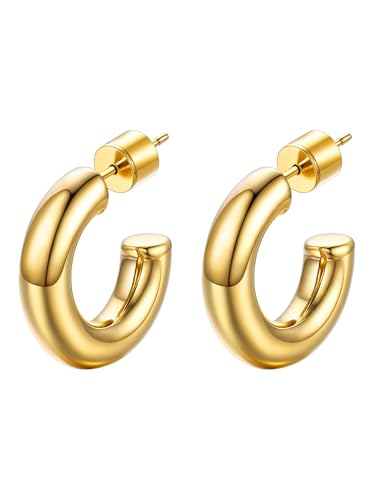 Image of Stainless Steel Chunky Hoop Earrings For Women, Minimalist and Chic, Black /Gold Plated, Round Hoops Earrings Hypoallergenic, Size: 30mm /40mm /60mm /80mm, Come with Box