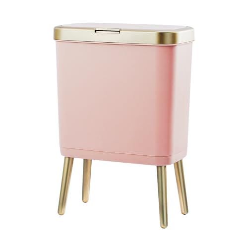 Image of Procade Bathroom Trash Can with Lid, 4 Gallon Pink Garbage Can, Tall Plastic Trash Bin with Push Button, Slim Gold Trash Can Waste Basket for Room, Bedroom,Office,Kitchen