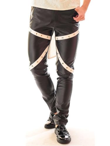 Men's Rock Party Slim Fit PU Pants Striped Patchwork Studded Trousers2