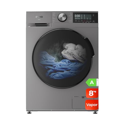 EVVO Lavadora 8kg, Vapor, Bajo consumo, Clase A, Motor Inverter, Hygiene Pro, Lavado Rápido 15', Tambor ePROTECT, SMART LOAD, 1400 rpm, 13 programas, Carga frontal, Nova (8Kg, Inox)
