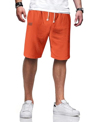 TARAINYA Kurze Hosen Herren Baumwolle Leinen mit Gummizug Freizeithose Shorts Herren Sommer Casual Leicht mit Taschen Orange L