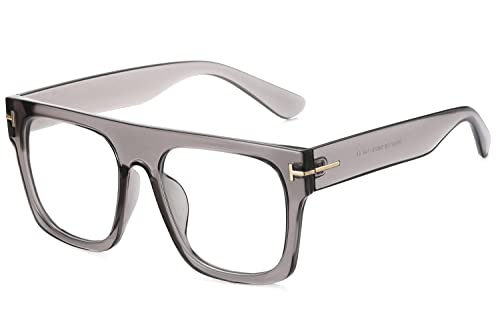 Allt Unisex Large Square Optical Eyewear Non-prescription Eyeglasses Flat Top Clear Lens Glasses Frames (Transparent Grey(Bluelight Blocker Lens) 7)