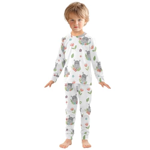 Pajama Sets Long Sleeve Cute Hippo Floral Pattern Soft Comfy Sleepwear 2 Piece PJS 3-8T2