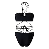 HFYRBDKSPI Damski kostium kąpielowy Crisscross Hollow Out Halter z zakrywającą spódnicą 3-częściowy zestaw bikini,Black,M