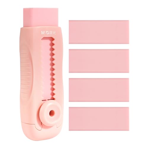 Image of M&G 4+1 Pack Rubber Pink Erasers Sliding Retractable Eraser, Soft Cute Erasers Push Pull Large Pencil Erasers with Plastic Sleeve 4 Refill Eraser for School Students Kids Office Home Supplies