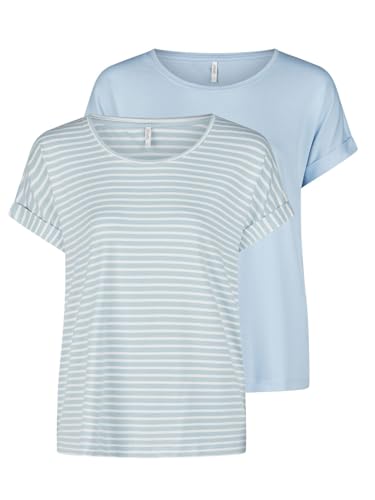 ONLY Tshirt Damen Bluse Top ONLMOSTER 2er Pack Regular Fit Rundhals Basic Kurzarm Shirt Streifen, Größe:XL, Farbe:Cashmere Blue w/cd Stripes