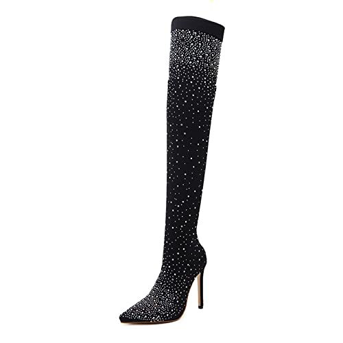 Bottes sur le genou stretch à strass diamant pour briller lors de vos soirées habillées
