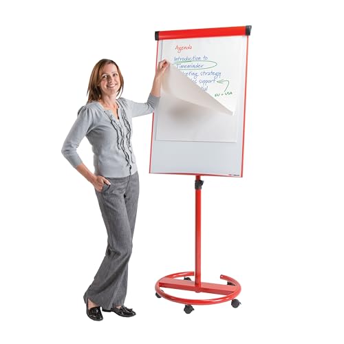 Image of Wonderwall Mobile Magnetic Flipchart Easel, Dry-wipe Surface of 1000 x 700 mm| Fully Height Adjustable Red Frame with Locking Castors - Ideal for office, School, Training, Corporates