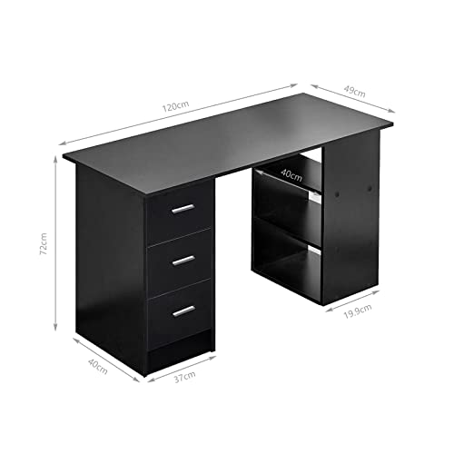NICEME Schreibtisch mit Schubladen und Regal, 120x49 cm Computertisch Schwarz, Schreibtisch mit Stauraum… – Bild 2
