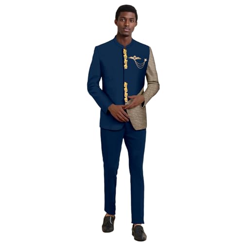 Men`s Suit Slim Fit Brooch Embroidery Blazer and Pants 2 Piece Set Dashiki Outfits for Wedding Evening