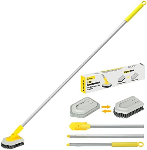 Lalafancy Shower Cleaning Brush with Locking Head, 3 in 1 Tub Tile Scrubber Brush with 46'' Extendable Long Handle Stiff Bristles Scouring Pads Microfiber for Cleaning Bathtub Shower Wall Bathroom