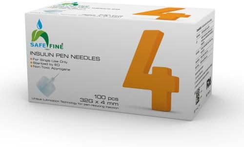 Safe Fine Insulin Pen Needles 4 mm 32G (5/32″ x 0.23 mm) Thin Wall Technology for Painless Injection 100 Pcs/Box