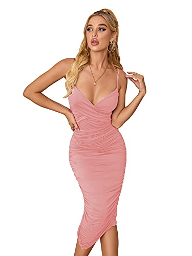 SheIn Women s V Neck Spaghetti Straps Sleeveless Ruched Bodycon Cami Dress Light Pink Large