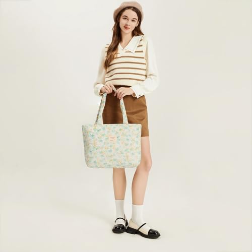 Image of Floral Quilted Cotton Shoulder Bag for Women Medium Size Handbag Large Capacity Thickened Design Tote