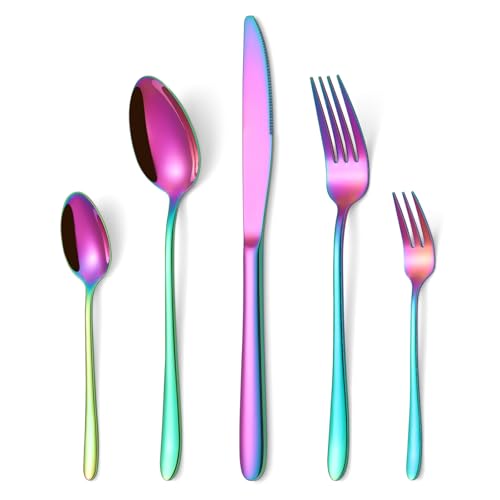 HONKKU 60 Teilig Besteck Set Regenbogen, Edelstahl Besteckset für 12 Personen, Essbesteck Set mit Abendessen Messer, Gabeln und Löffeln für...