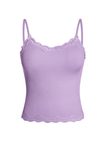 Image of SOLY HUX Girl's Lace Trim Camisoles Ribbed Spaghetti Strap Crop Tank Tops | Sleeveless, Teen Girl Top, Summer Top