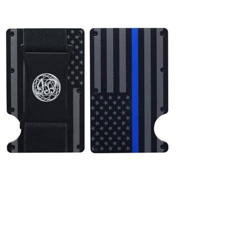 Black & Gray American Flag Engraved, Minimalist Wallet, RFID Blocking Aluminum Slim Wallet With Money Strap (Blue Line)
