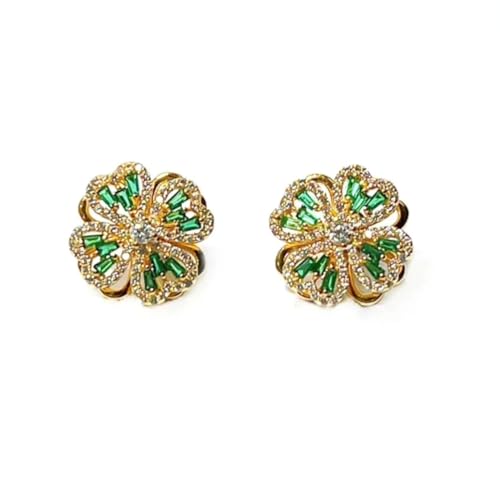 Sterling Silver Heart Shaped and Lucky Transfer 360°rotating Zircon Crystal Four-leaf Clover Studs Earrings