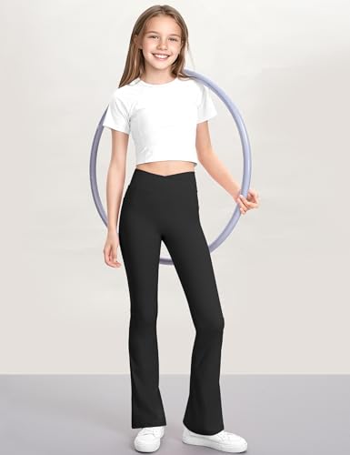 KEREDA Girls Flare Leggings High Waist Cross Bell Bottoms for Girls Yoga Dance Pants with Pockets Size 7-14 Years4