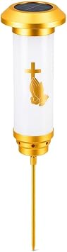Praying Hands Solar Cross for Cemetery Grave, White & Gold Anodized Aluminum IP65 Waterproof Memorial Light with Ground Stake, Christian Cemetery Decor for Headstone